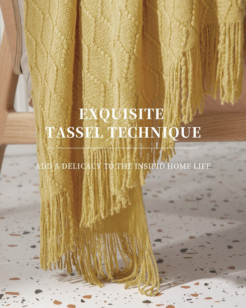 SPAOMY Throw Blanket, Knit Blanket with Tassels, Textured Cozy Lightweight Decorative Throw Blanket for Couch, Bed, Sofa, Travel- All Seasons (60x80 Inch, Mustard Yellow)