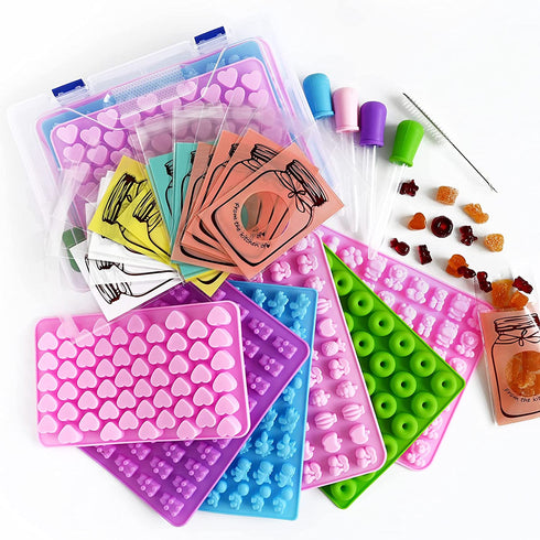 Gummy Molds Bear Candy Silicone 32PCS SET, 18 Shapes for 327 Candies, With 4 Droppers, Clean Brush, Storage Box, 20 Bags, Including Love Dinosaur Mini Donut Fruit Animals Shaped Nostick Jello Fun Mold