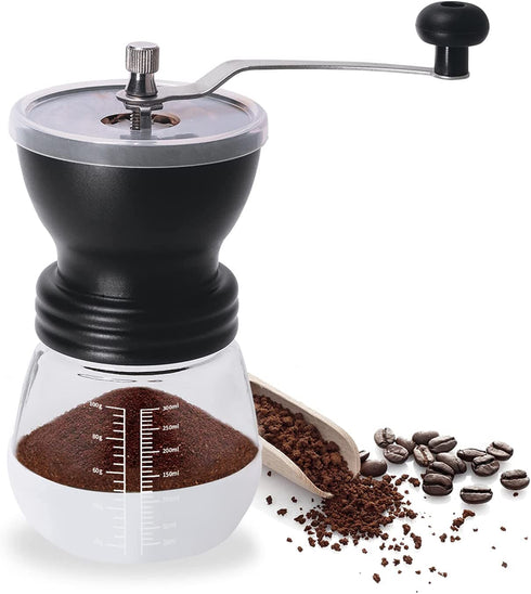 JARNAR Manual Coffee Bean Grinder ,Ceramic Burr ,Stainless Steel Handle with 1 Translucent Bottom Glass with Graduations Jars ?Hand Coffee Mill for Home Office and Travelling