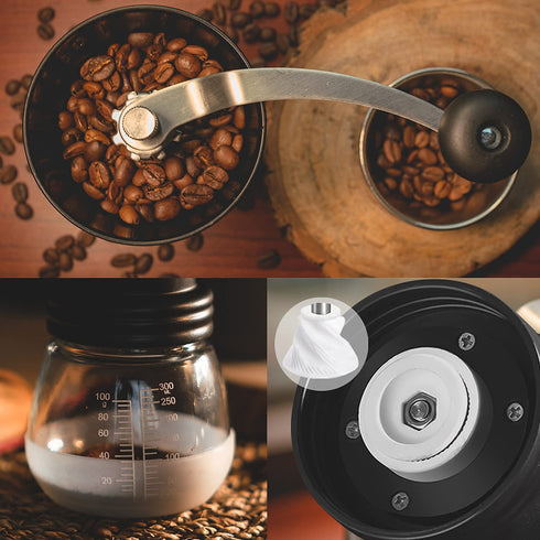 JARNAR Manual Coffee Bean Grinder Ceramic Burr Stainless Steel Handle with 2 Translucent Bottom Glass Jars Hand Coffee Mill for Home Office and Travelling