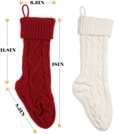 HOMEBROS Christmas Stockings, 4 Packs Large Christmas Stockings 18 Inches Classic Cable Knitted Christmas Stockings Ivory White and Burgundy for Family Xmas Holiday Party Decoration