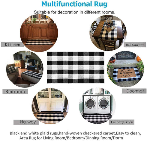 SEEKSEE 100% Cotton Buffalo Plaid Rug 27.5 x 43 Inches Black and White Rug Buffalo Plaid Doormat Washable Hand-Woven Indoor or Outdoor Rugs for Layered Front Door Mats, Porch, Farmhouse, Entryway