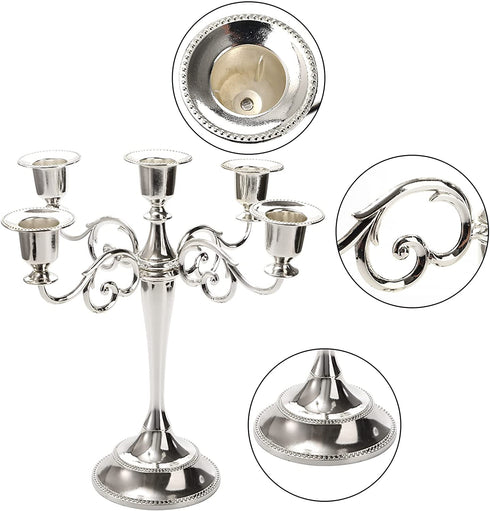 YOUEON 5 Arm Candelabra, Silver Candle Holder, 10.4 Inch 5 Tall Candelabra Candelabra Candle Holder for 1 Inch Diameter Pillar Candles, Candelabra Decoration, Wedding, Dinner Party, Home Decoration