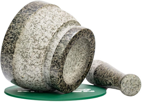 Mortar and Pestle Set - Double Sided Unpolished Granite Bowl - 6 Inch, 2 Cup Natural Heavy Molcajete Stone - With Counter Top Protective Pad - Made for a lifetime