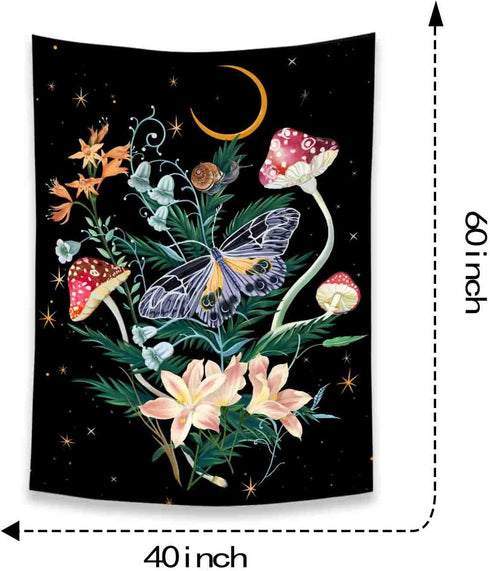 Fowocu Butterfly and Flower Vertical Tapestry Wall Hanging, Moon and Stars Floral Tapestries, Black Wildflower Aesthetic Tarot Wall Tapestry for Bedroom Dorm Living Room (Black, 44'' × 60'')