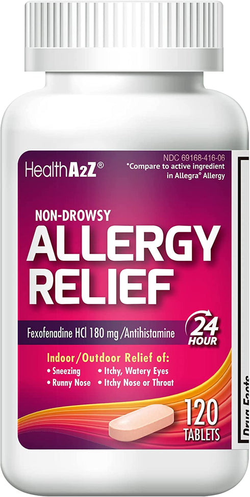 HealthA2Z Fexofenadine Hydrochloride 180mg, Antihistamine for Allergy Relief ,Non-Drowsy,24-Hour, 120 Count Coated Caplets,Compare to Allegra Active Ingredient