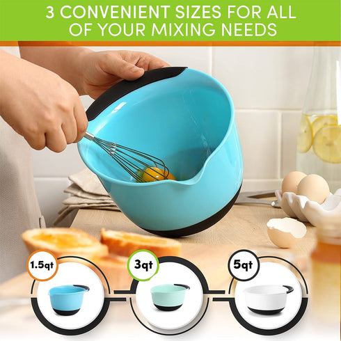 Spring Chef - Mixing Bowls with Soft Grip Handles, Prep Bowls for Baking and Cooking, Mixing Bowl with Pour Spout and Non-skid Bottom, Set of 3, Blue, Mint and White