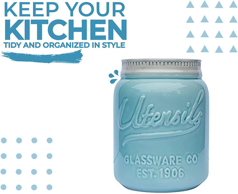 Comfify Wide Mouth Mason Jar Utensil Holder Decorative Kitchenware Organizer Crock, Chip Resistant Ceramic, Dishwasher Safe - Kitchen Caddy Aqua Blue for Countertop, Large Size 7" High