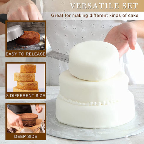 Deep Cake Pan Set of 3 (6 inch/8 inch/9½ inch), E-far Stainless Steel Round Layer Cake Baking Pans, Metal Tier Cake Tins for Wedding Birthday, Leak Proof & Straight Side, Non-toxic & Dishwasher Safe