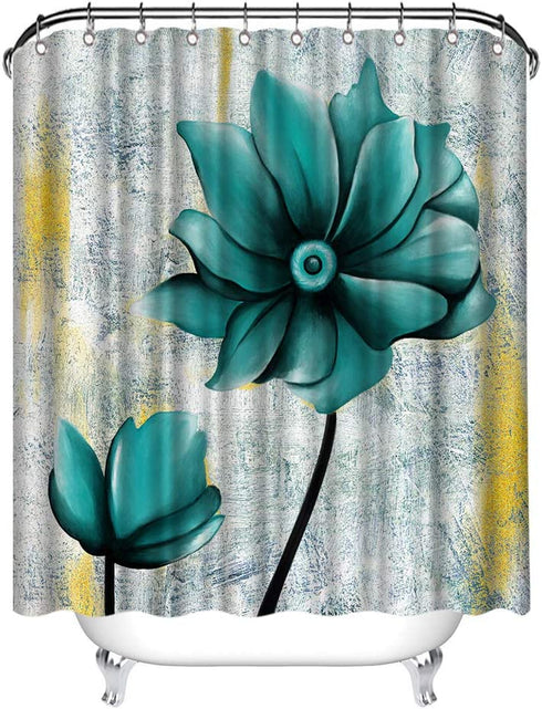 Zlove Blue Flower Shower Curtain Gold and Grey Artwork Waterproof Polyester Fabric Bath Curtain for Bathroom Decor with 12 Pack Plastic Hooks 72x72inch