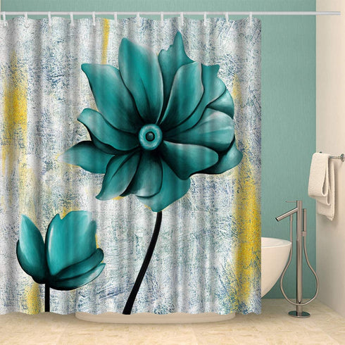 Zlove Blue Flower Shower Curtain Gold and Grey Artwork Waterproof Polyester Fabric Bath Curtain for Bathroom Decor with 12 Pack Plastic Hooks 72x72inch