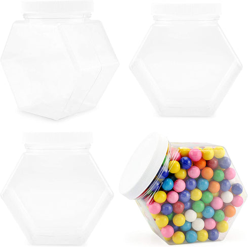 Cornucopia Plastic Hexagon Shaped Jars (4-Pack, 30oz); Value-Pack of Containers for Candy, Snacks, Gifts and Storage, 2 1/2 Cup Capacity, 5 x 5 x 3 Inches Size