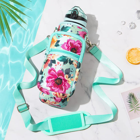 32 oz Water Bottle with Sleeve - BPA Free Leakproof Sport Large 1L Plastic Motivational Water Bottle with Straw & Strap & Insulated Neoprene Holder Carrier Bag Great Xmas Gift for Kids Women Men