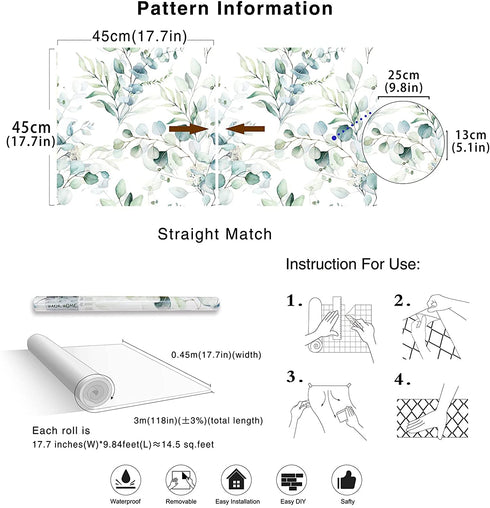 HaokHome 93042 Peel and Stick Wallpaper Green/White Eucalyptus Leaf Floral Wall Mural Home Nursery Boho Decor 17.7in x 9.8ft