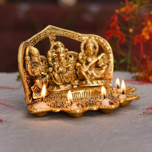 NOBILITY Laxmi Ganesha Saraswati Idol Diya Oil Deepak - Metal Lakshmi Ganesha Showpiece Statue - Traditional Diya for Diwali Puja - Diwali Home Decoration Items Gift