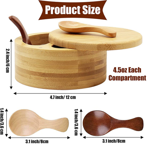 Salt and Pepper Bowls, Salt Keeper with Swivel Lid and Magnet to Keep Dry, Bamboo Salt Cellar with Two Spoons, Two Deep Compartments for Counter