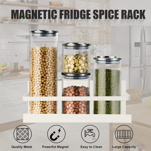 2 Pack Magnetic Spice Rack Seasoning Organizers Refrigerator Shelf W/ 4 Hooks Fridge Side Wall Mount Storage Rack Metal Jar Holder Utensils Towel Shelves Home Kitchen Organization Spice Stand -White