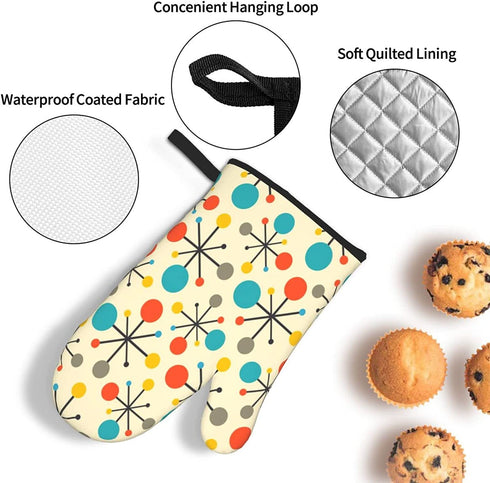 Mid Century Fifties Modern Atomic Retro Colors Oven Mitts and Pot Holders Sets Heat Resistant 3 Pcs Kitchen Sets for Kitchen,Cooking,Baking,Grilling,Cooks Gifts
