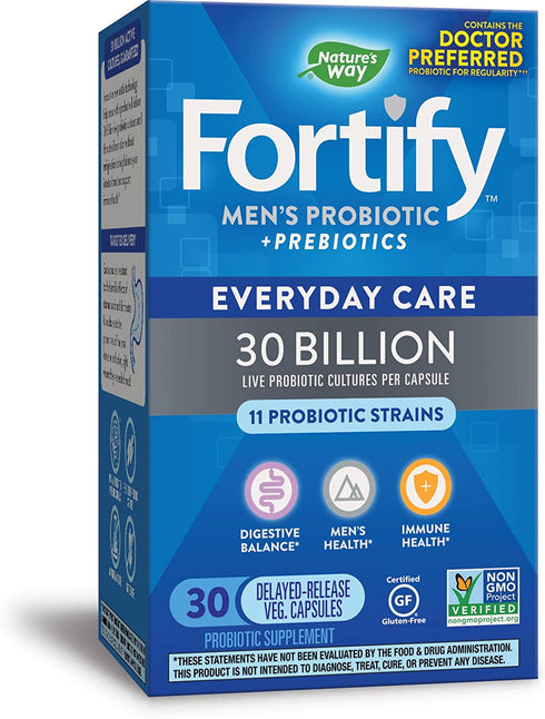 Nature’s Way Fortify Men’s Daily Probiotic, 30 Billion, 11 Strains, Prebiotics, 30 Capsules