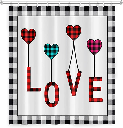 Happy Valentine's Day Shower Curtain Red Love Heart with Buffalo Plaid Love Farmhouse Shower Curtains for Couple Lover Bathroom Home Decor 72x72 Inch Waterproof Fabric with Hooks