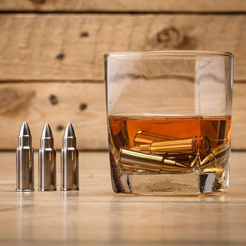 Stainless Steel Bullet Shaped Whiskey Stones Set of 6 - Chilling Rocks - Ice Stones With Tongs And Freezer Pouch, Gift Idea for Whiskey Lovers. Premium Gift For Him.
