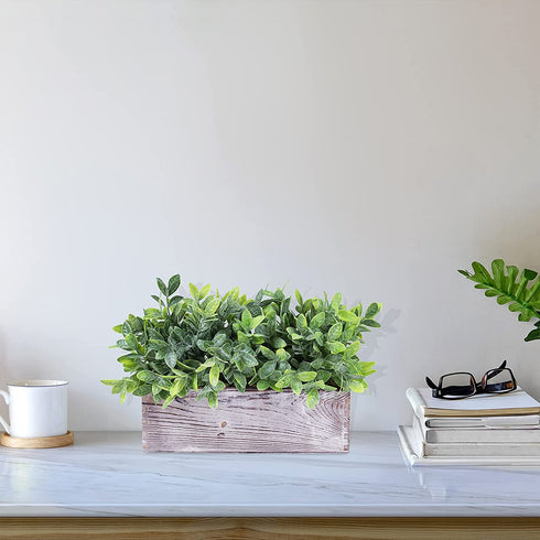 Artificial Grey Green Eucalyptus Plant in Rustic Rectangular Wooden Planter Box Faux Potted Herb Plant Greenery Arrangement for Farmhouse Indoor Wedding Table Centerpiece Mantel Shelf Kitchen Decor