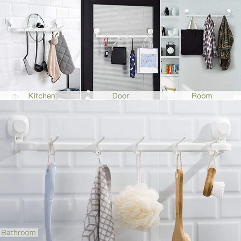 LUXEAR Suction Cup Towel Bar, 24 inches Adjustable Towel Rack, No Drill & Removable Hand Towel Holder with 5 Sliding Hooks, Wall Mounted Towel Bar for Bathroom, Kitchen, Door - White