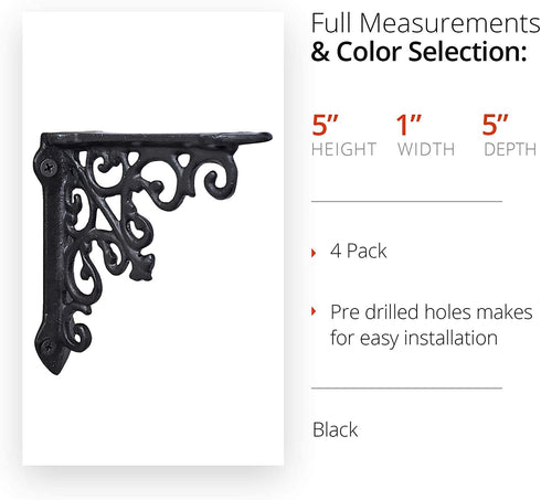 4 Pack Heavy Duty and Thick Cast Iron Victorian Shelf Bracket, Antique Black, Small 5x1x 5 inches, L-Shaped Shelf Bracket, DIY Projects, Hardware Included, JS-90-061 by North American Country Home