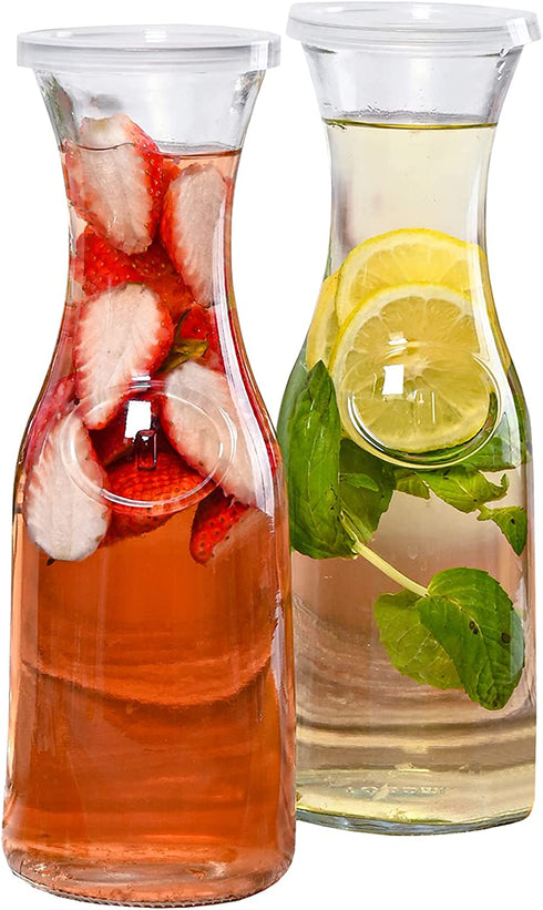 Estilo Glass Carafe Pitcher - Cocktail Beverage & Water Carafe With Lids - Narrow Neck Design, 1 Liter (33oz) Set of 2, Clear
