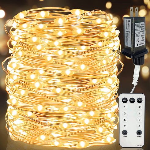 TURNMEON 300 LED 99 Ft Christmas Copper Wire Fairy LED String Lights with Timer 8 Modes Remote Plug in Christmas Lights Decoration for Indoor Outdoor Home Bedroom Xmas Tree Party Decor, Warm White