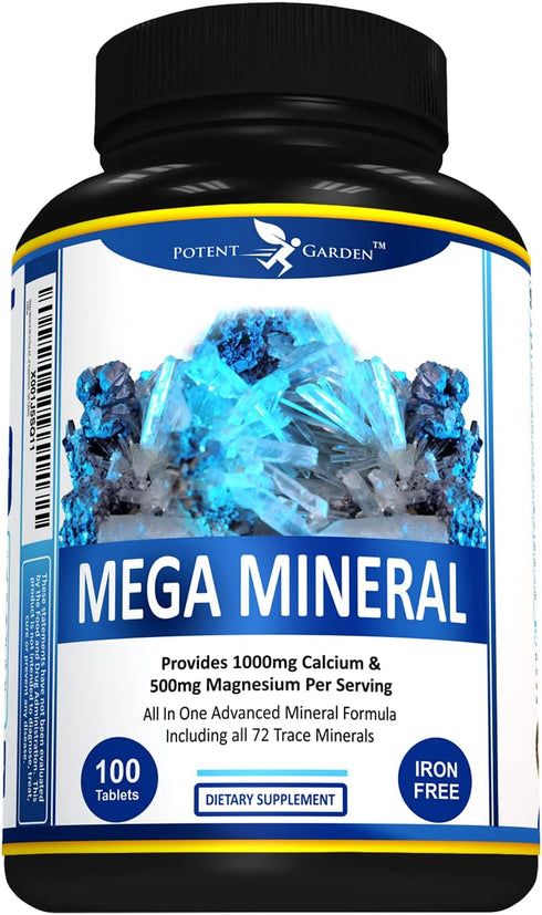 Potent Garden Mega Mineral Supplement Complete Mineral Complex with Calcium Magnesium Zinc Potassium Boron Selenium Chromium & 72 Trace Minerals Iron Free Calcium Supplement -100 Pills