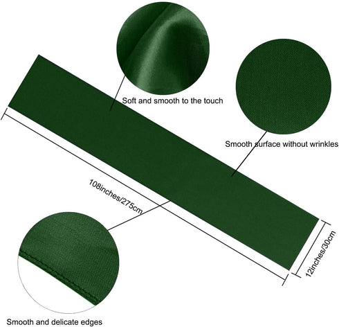 Aneco 12 Pack Satin Table Runner 12 x 108 Inch Forest Green Long Wedding Satin Silk Table Runner for Wedding Banquet Graduations Birthday Party Decoration