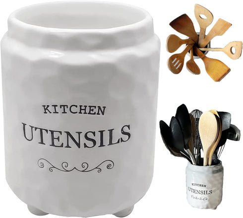 Ceramic Utensil Holder for Countertop , Utensil Holder Farmhouse Utensil Crock for Kitchen & Dining Table, White Cooking Utensil Holder, Spatula Holder with Relief Design