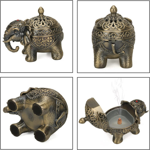 LIABI Incense Burner, Metal Backflow Cone Coil Stick Incense Holder Ash Catcher with Lid, Aromatherapy Ornament Home Decoration for Indoor Outdoor (Bronze Elephant)