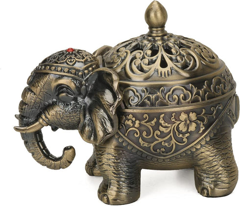 LIABI Incense Burner, Metal Backflow Cone Coil Stick Incense Holder Ash Catcher with Lid, Aromatherapy Ornament Home Decoration for Indoor Outdoor (Bronze Elephant)