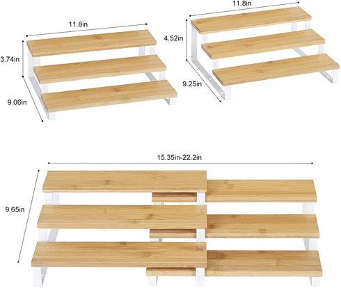 MOOACE 3 Tier Expandable Spice Organizer (15.35"-22.2"L), Bamboo Spice Rack Organizer for Cabinet Countertop Pantry, Set of 2 (White)