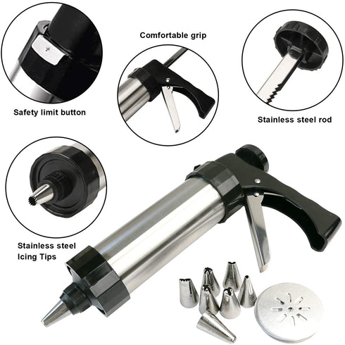 Cookie Press Set,Stainless Steel Cookie Maker Biscuit Press Gun Set with 8 Discs Molds & 8 Icing Nozzles Tips for DIY Biscuit Maker and Decoration
