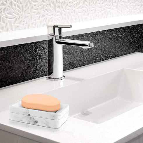 MoKo Soap Dish, Dual-Layer Resin Bar Soap Tray Container Box Case Holder with Detachable Slotted Draining Board Small Tray for Bathroom Kitchen Shower Bathtub Sinks Counter-top - White Marble