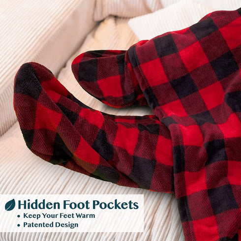 PAVILIA Fleece Blanket with Sleeves and Foot Pockets for Women Men Adult, Wearable Blanket Throw Wrap, Warm Cozy Extra Soft Sleep Hug Blanket with Feet, Gift for Women Mom (Checkered Red)