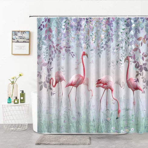 Xnichohe Pink Flamingo Shower Curtain Tropical Jungle Animal Purple Flower Vine Leaves Fairytale Magic Fog Forest Polyester Cloth Fabric Bathroom Curtains Decor Set with Hooks,70 x70 Inches