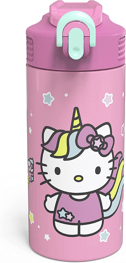 Zak Designs Sanrio Hello Kitty Vacuum Insulated, Stainless Steel Kids Water Bottle with Flip-Up Straw Spout and Locking Spout Cover, Durable Cup for Sports or Travel (14 oz, 18/8 SS)