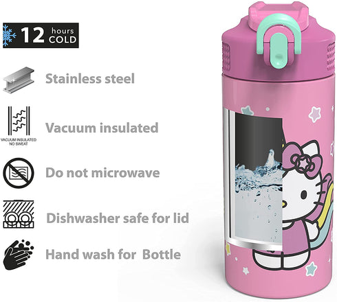 Zak Designs Sanrio Hello Kitty Vacuum Insulated, Stainless Steel Kids Water Bottle with Flip-Up Straw Spout and Locking Spout Cover, Durable Cup for Sports or Travel (14 oz, 18/8 SS)