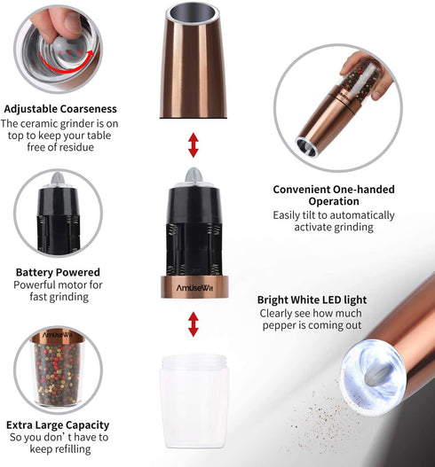 Gravity Electric Pepper Grinder or Salt Grinder Mill?White Light?- Battery Operated Automatic Pepper Mill with Light, Adjustable Coarseness, One Handed Operation, Cleaning Brush, Copper by AmuseWit