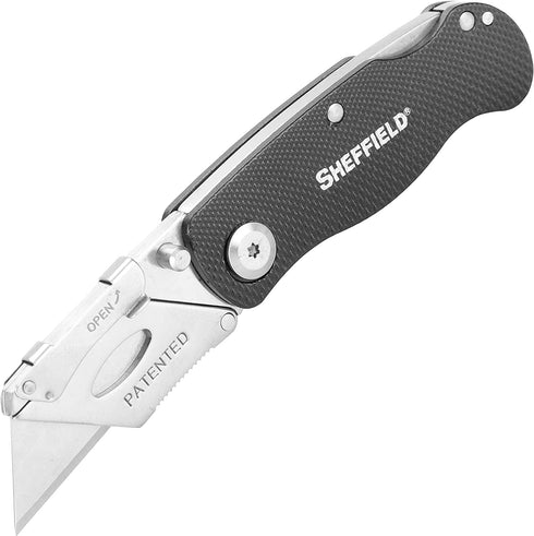 Sheffield 12613 Ultimate Lock Back Utility Knife, Folding, Box Cutter Knife, Carpet Knife, Drywall Cutter, and More, Quick-Change Blade, Back Lock Design, Black