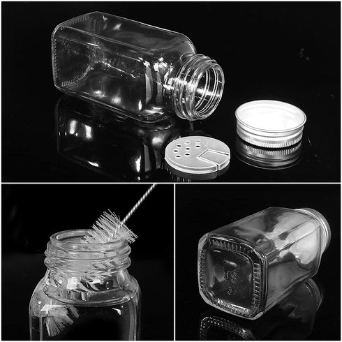 CycleMore 15 Pcs 6oz Glass Spice Jars Bottles, Square Spice Containers with Silver Metal Caps and Pour/Sift Shaker Lid-40 Blank Black Labels,1 Collapsible Funnel,1 Brushes and 1 Pen Included