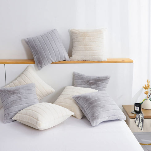 Decorative Faux Fur Throw Pillow Case Set of 2 Best Gift to Mom on Mother's Day Fuzzy Striped Cushion Cover for Sofa Couch Bedroom Car, 20"x 20", Grey