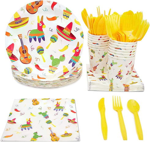 144 Pieces Let's Fiesta Disposable Dinnerware Set for Birthday Party Supplies, Cinco de Mayo Paper Plates, Yellow Cutlery, Cups, Napkins (Serves 24)