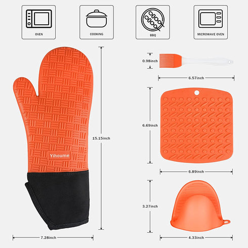 Oven Mitts and Pot Holders Sets,Yihoume 500„‰ Heat Resistant Extra Long Professional Silicone Oven Mittens with Mini Oven Gloves and Basting Brush,for Cooking,Baking,BBQ (Orange)