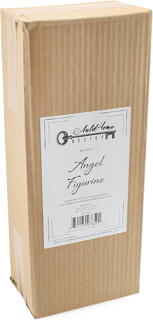 AuldHome Wooden Angel Christmas Statues (Set of 2); Primitive Farmhouse Holiday Decor Wood and Metal Praying Figurines