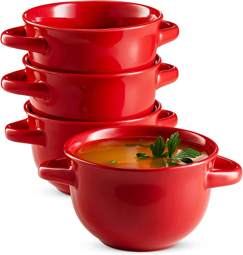 Kook French Onion Soup Crocks with Handles, Ceramic Bowls, for Rice, Dessert, Pasta, Dishwasher, Microwave, Oven & Broil Safe, Set of 4, 18 oz, (Red)